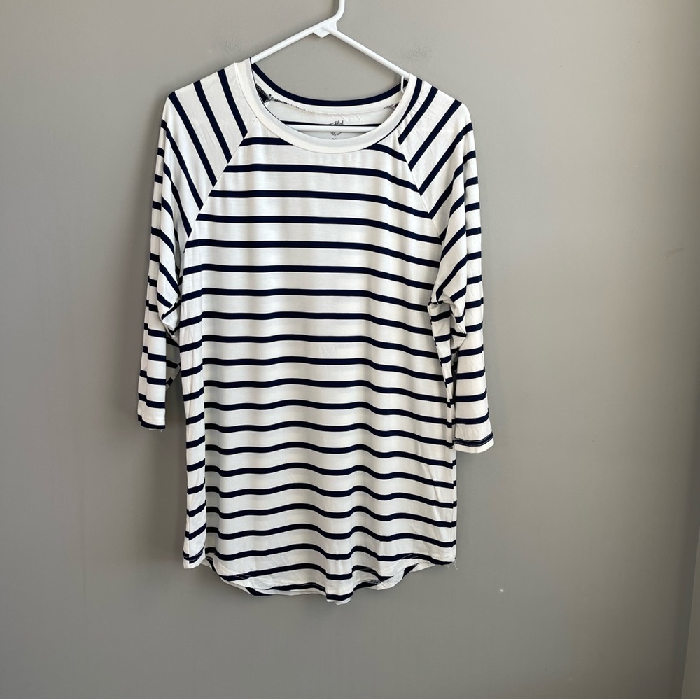 Tickled Teal Black/White Striped 3/4 Sleeve Top XL
